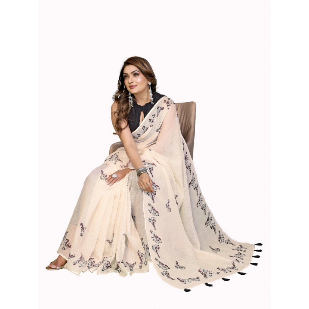 Amfyn Women's Linen Cotton Printed Saree With Unstitched Blouse 5.5Mtr (Off White)