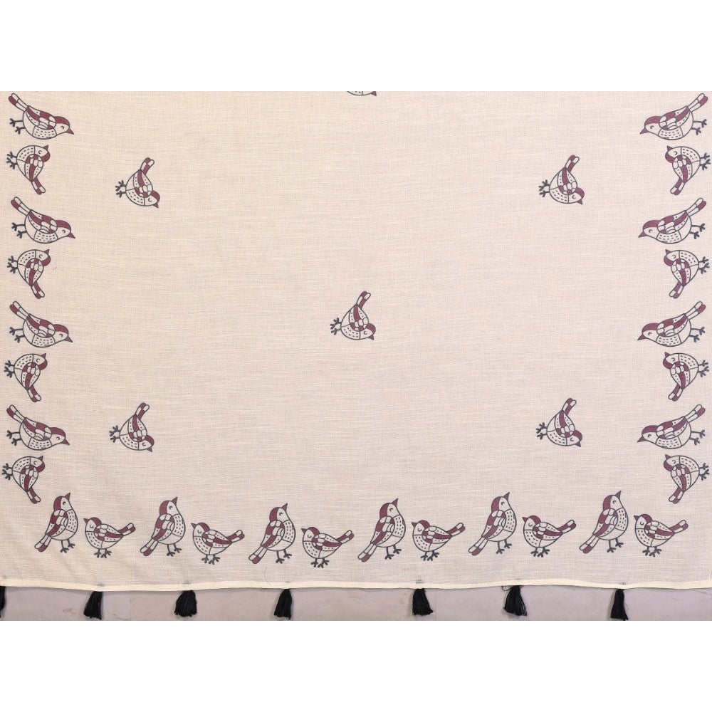 Amfyn Women's Linen Cotton Printed Saree With Unstitched Blouse 5.5Mtr (Off White)