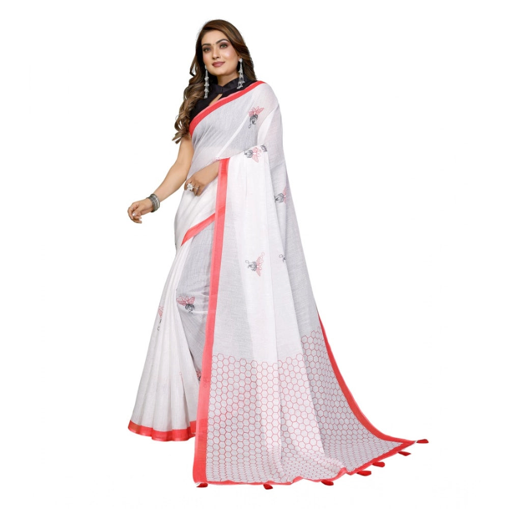 Amfyn Women's Linen Cotton Printed Saree With Unstitched Blouse 5.5Mtr (White)