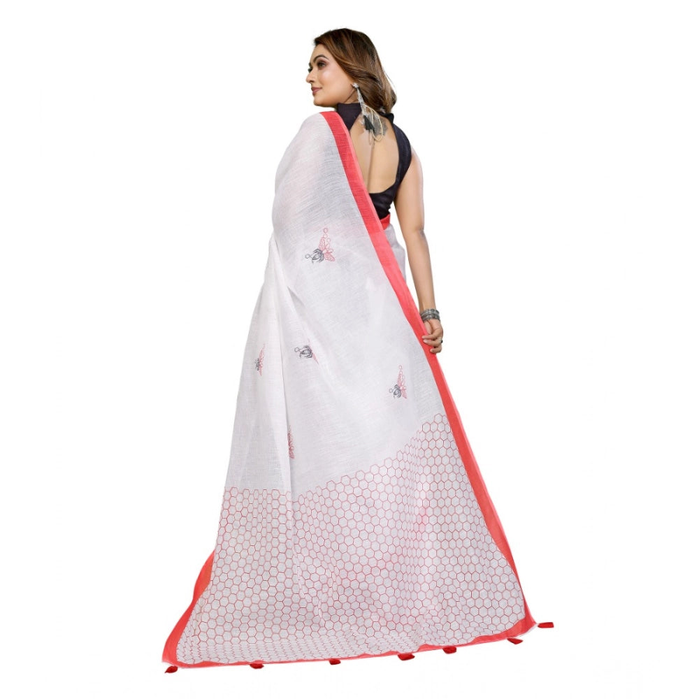 Amfyn Women's Linen Cotton Printed Saree With Unstitched Blouse 5.5Mtr (White)