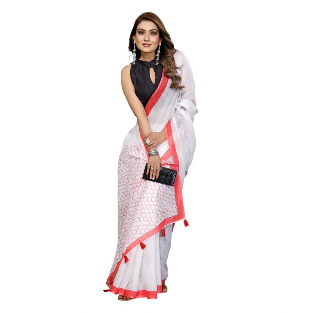 Amfyn Women's Linen Cotton Printed Saree With Unstitched Blouse 5.5Mtr (White)
