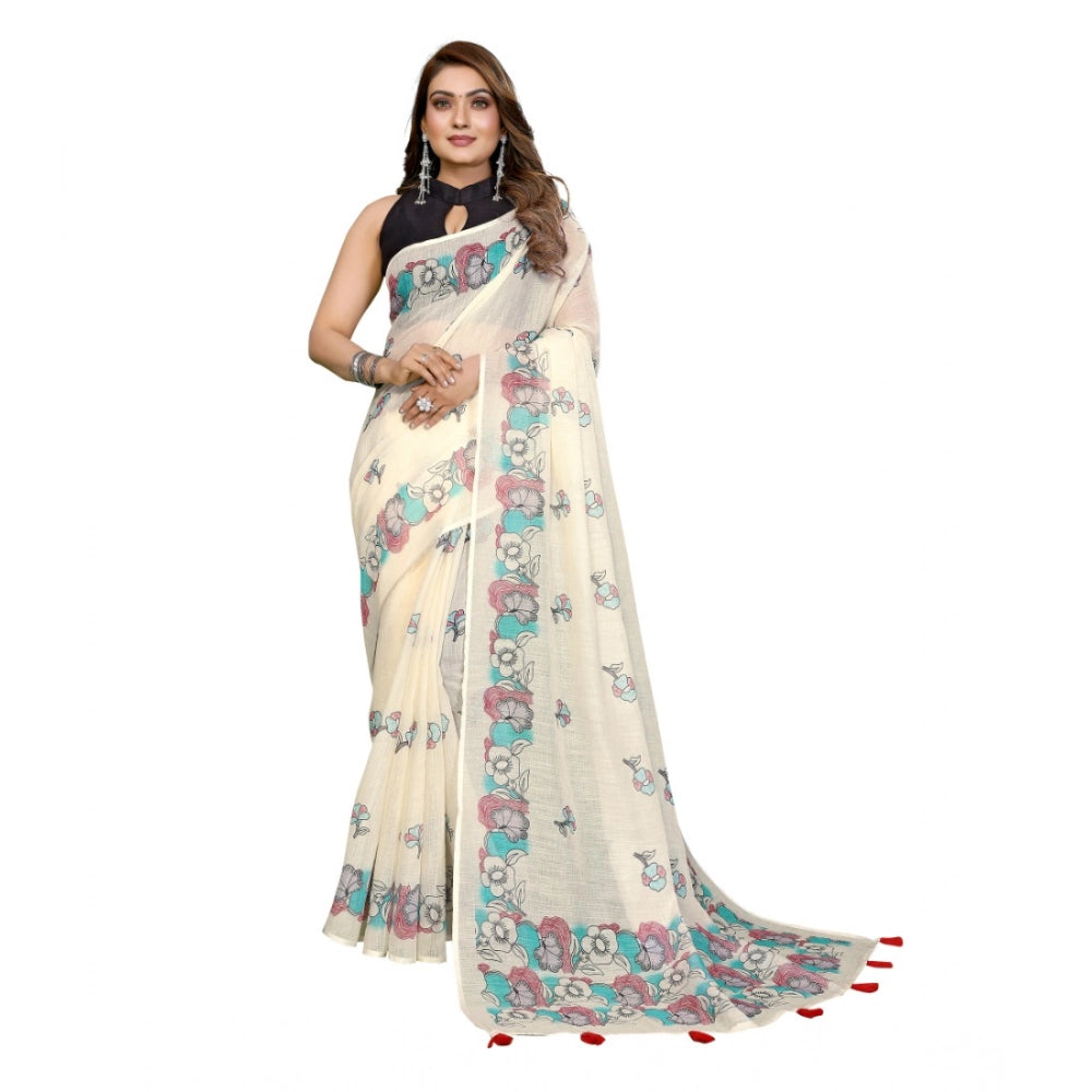Amfyn Women's Linen Cotton Printed Saree With Unstitched Blouse 5.5Mtr (Off White)