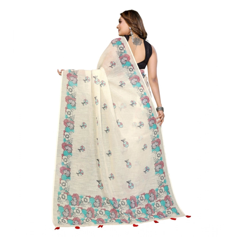 Amfyn Women's Linen Cotton Printed Saree With Unstitched Blouse 5.5Mtr (Off White)