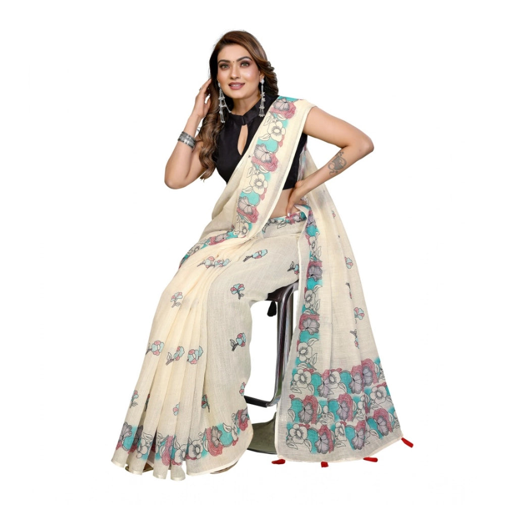 Amfyn Women's Linen Cotton Printed Saree With Unstitched Blouse 5.5Mtr (Off White)