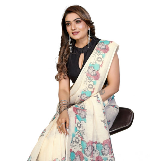 Amfyn Women's Linen Cotton Printed Saree With Unstitched Blouse 5.5Mtr (Off White)