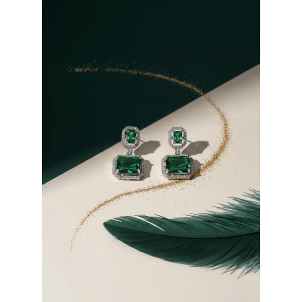 Amfyn Women's Brass Silver Plated Drop Earrings (Green)