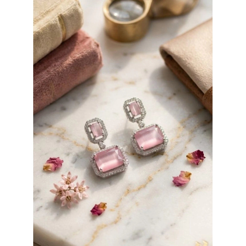 Amfyn Women's Brass Silver Plated Drop Earrings (Pink)