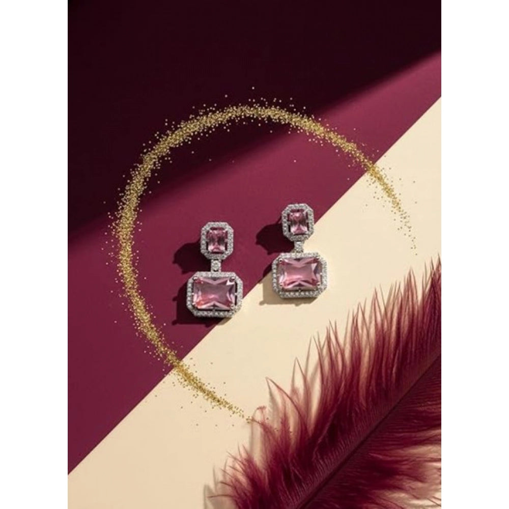 Amfyn Women's Brass Silver Plated Drop Earrings (Pink)