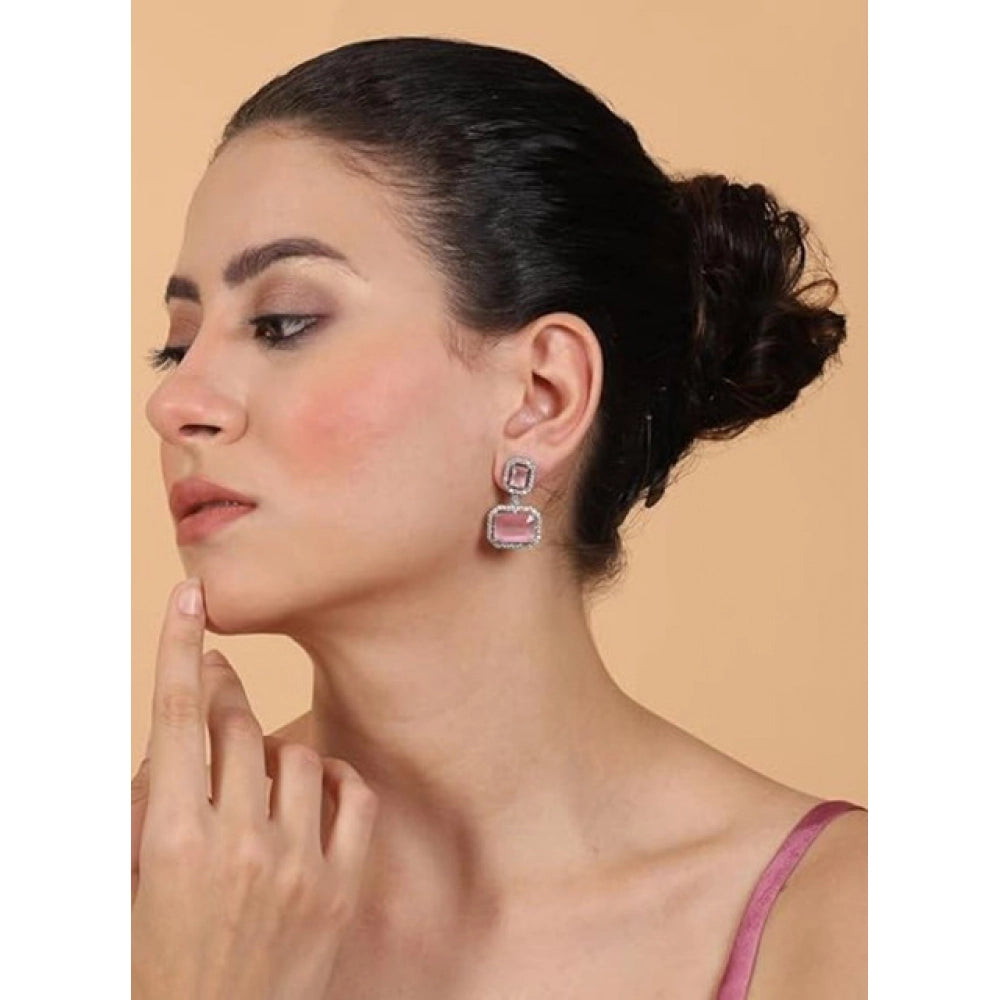 Amfyn Women's Brass Silver Plated Drop Earrings (Pink)