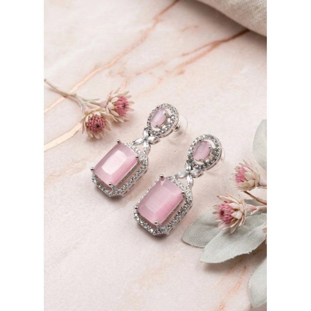 Amfyn Women's Brass Silver Plated Drop Earrings (Pink)