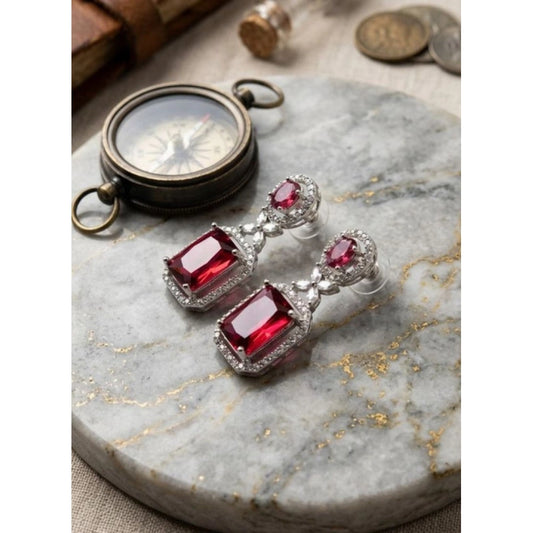 Amfyn Women's Brass Silver Plated Drop Earrings (Red)