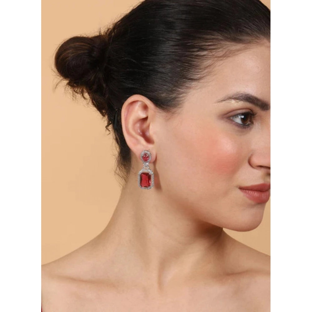 Amfyn Women's Brass Silver Plated Drop Earrings (Red)