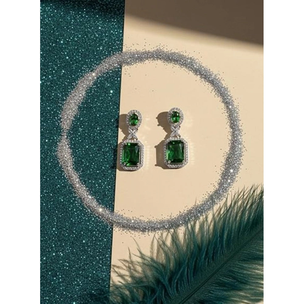 Amfyn Women's Brass Silver Plated Drop Earrings (Green)