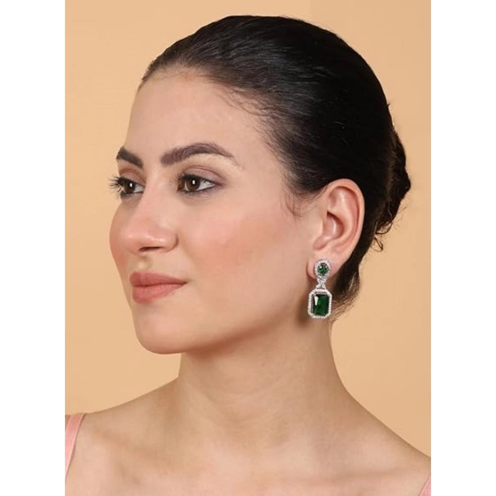 Amfyn Women's Brass Silver Plated Drop Earrings (Green)