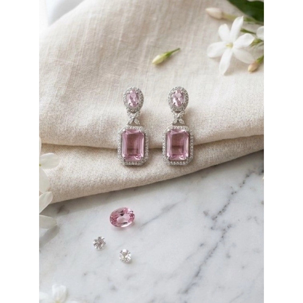 Amfyn Women's Brass Silver Plated Drop Earrings (Pink)