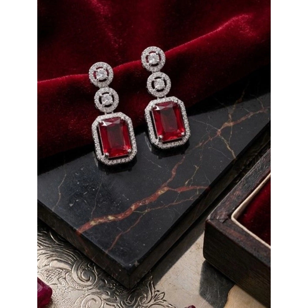 Amfyn Women's Brass Silver Plated Drop Earrings (Red)