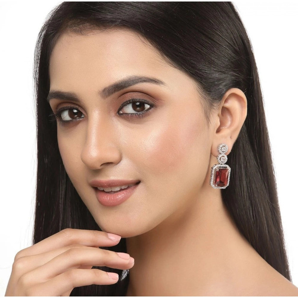 Amfyn Women's Brass Silver Plated Drop Earrings (Red)