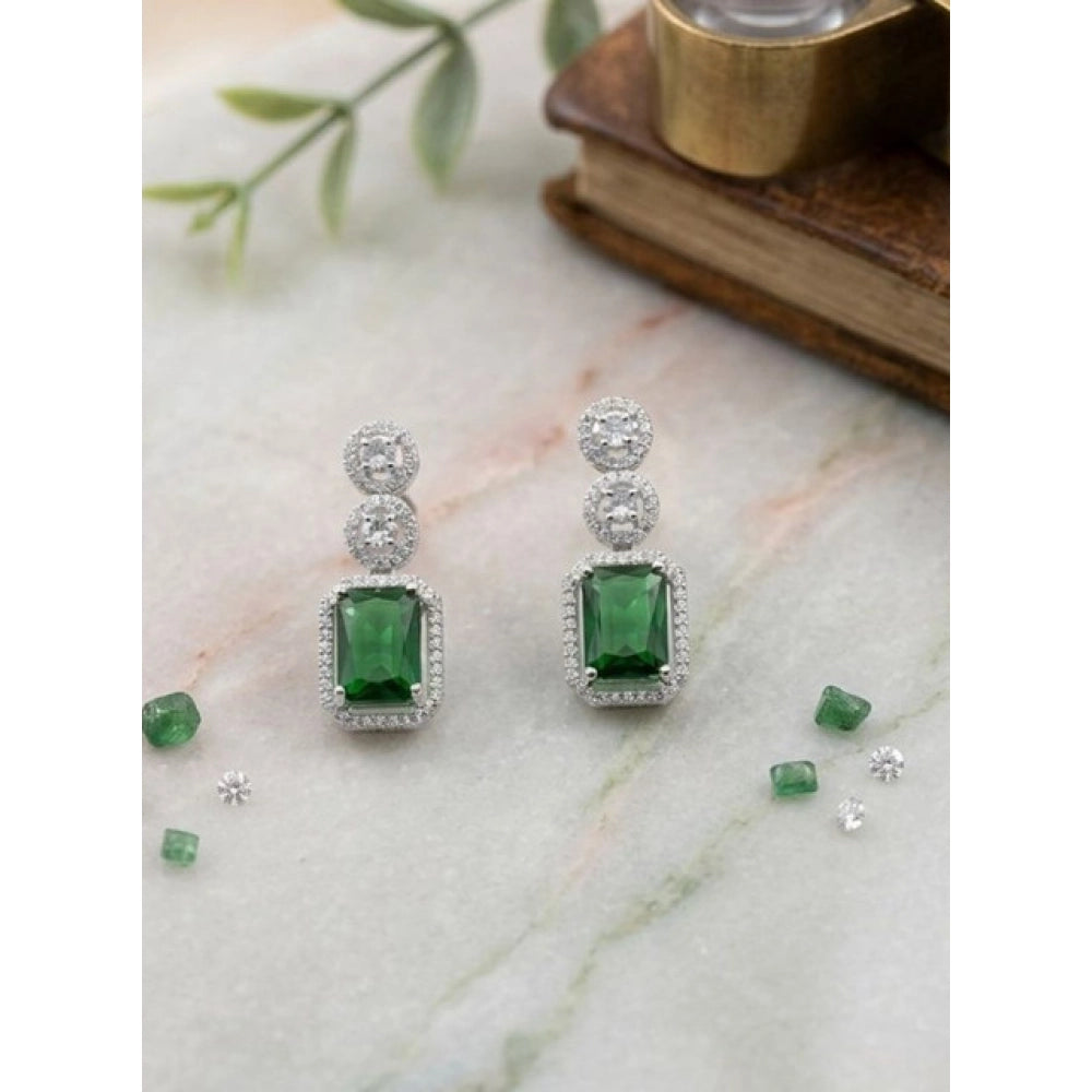 Amfyn Women's Brass Silver Plated Drop Earrings (Green)