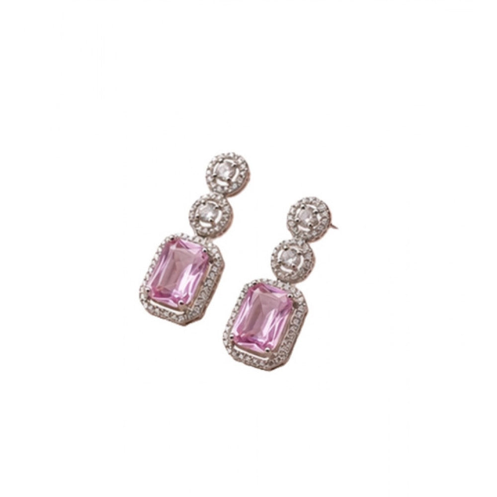 Amfyn Women's Brass Silver Plated Drop Earrings (Pink)