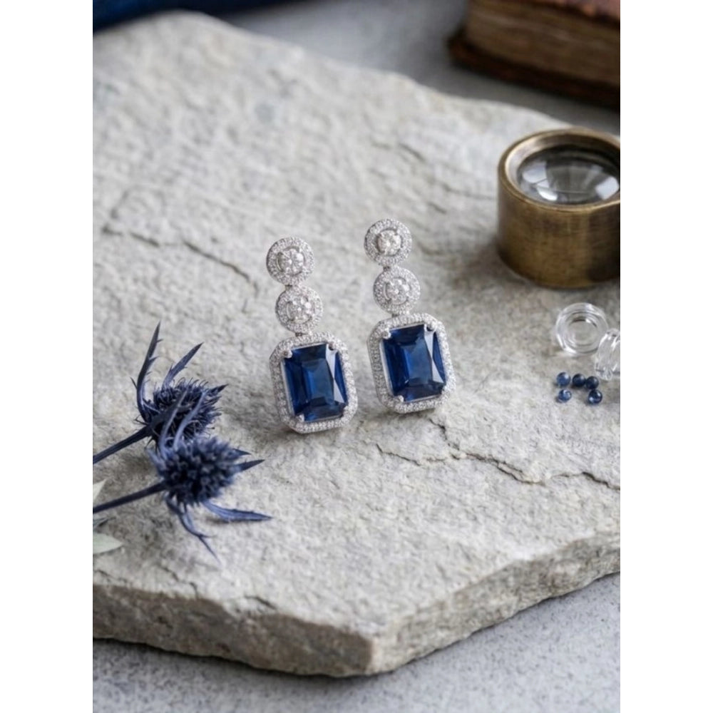 Amfyn Women's Brass Silver Plated Drop Earrings (Blue)