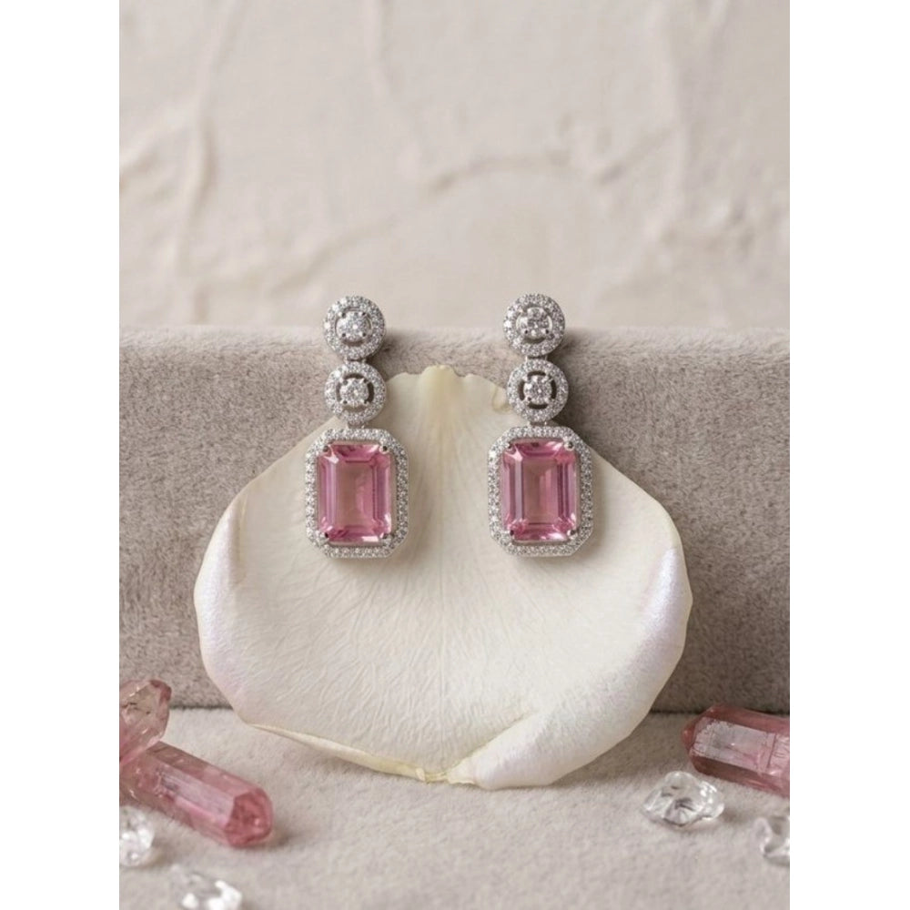 Amfyn Women's Brass Silver Plated Drop Earrings (Pink)