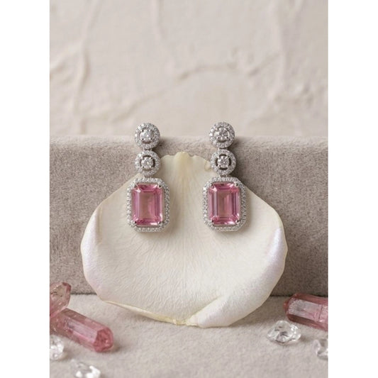 Amfyn Women's Brass Silver Plated Drop Earrings (Pink)