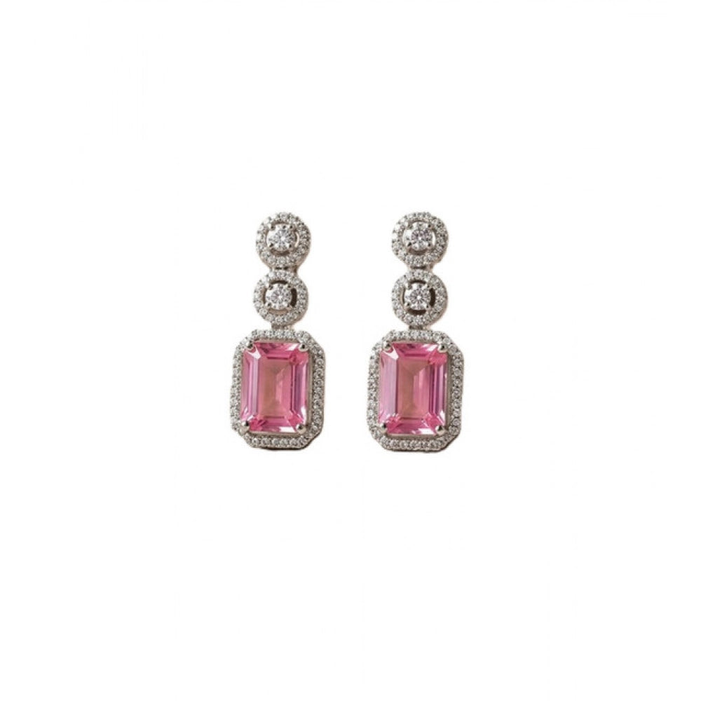 Amfyn Women's Brass Silver Plated Drop Earrings (Pink)
