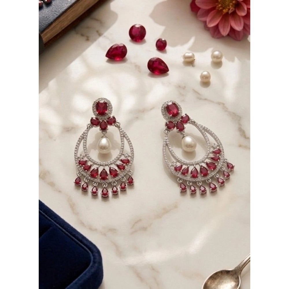 Amfyn Women's Brass Silver Plated Chandbali Earrings (Red)