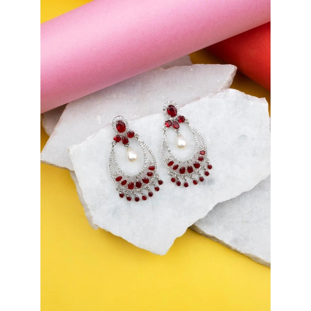 Amfyn Women's Brass Silver Plated Chandbali Earrings (Red)
