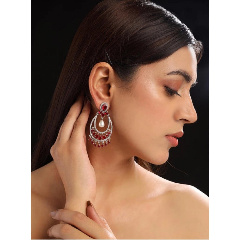 Amfyn Women's Brass Silver Plated Chandbali Earrings (Red)