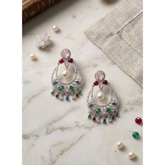 Amfyn Women's Brass Silver Plated Chandbali Earrings (Multicolor)