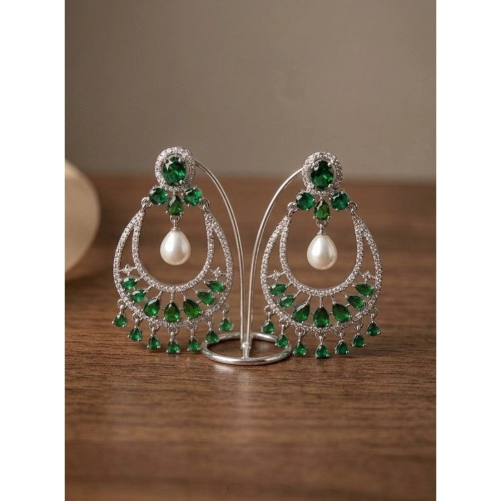 Amfyn Women's Brass Silver Plated Chandbali Earrings (Green)