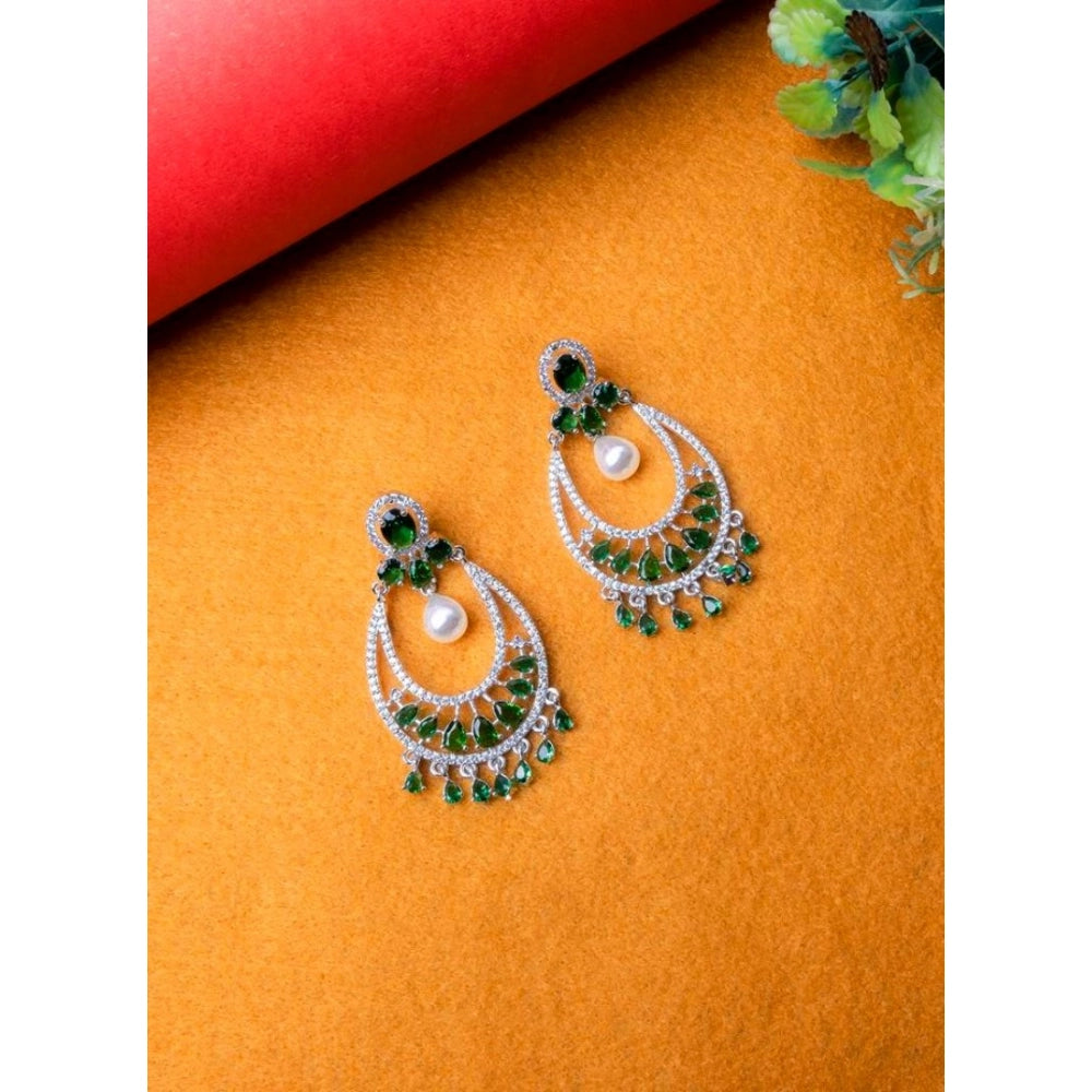 Amfyn Women's Brass Silver Plated Chandbali Earrings (Green)