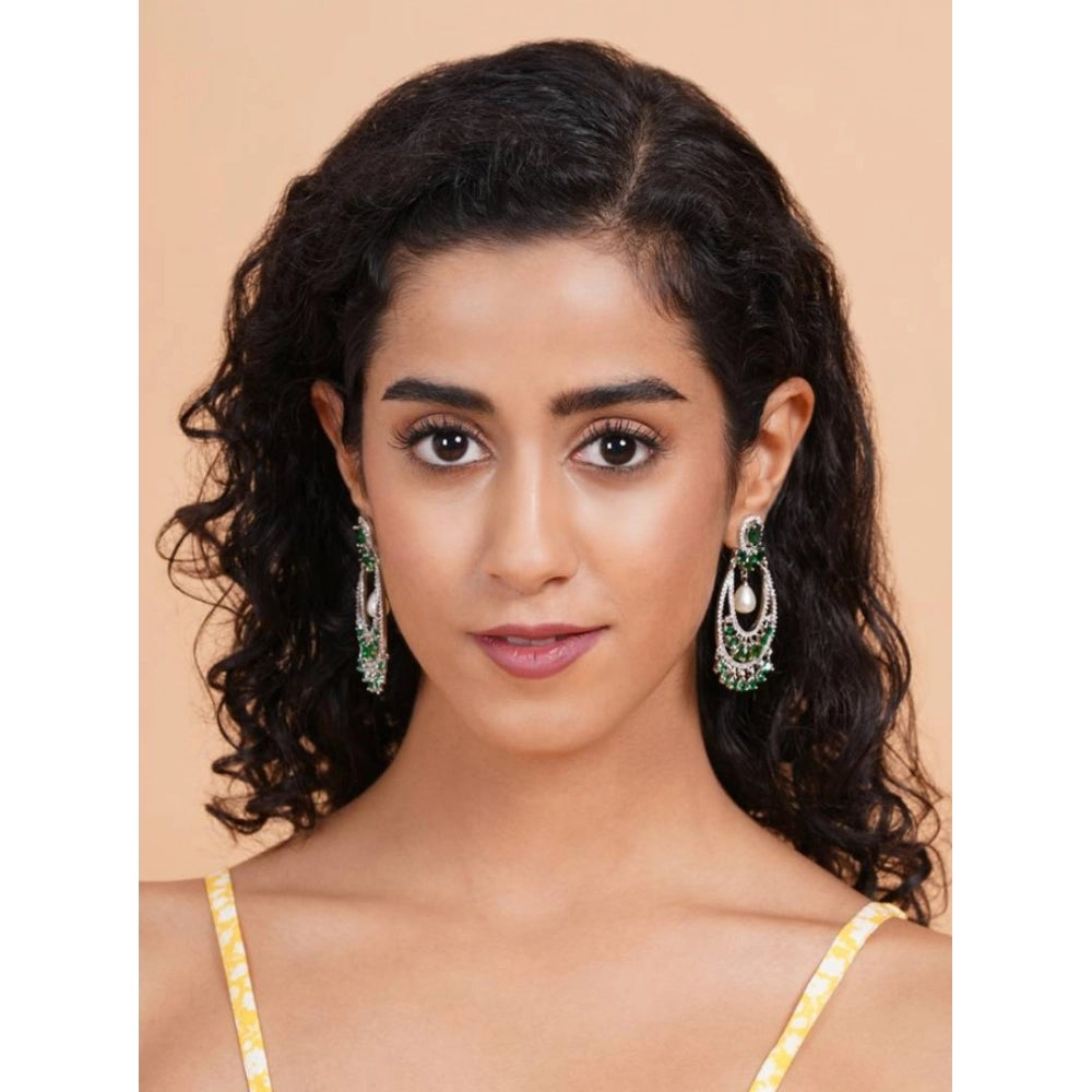 Amfyn Women's Brass Silver Plated Chandbali Earrings (Green)