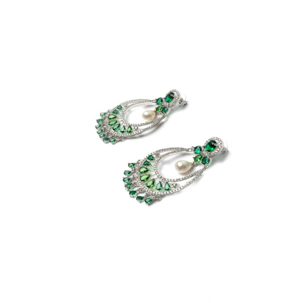 Amfyn Women's Brass Silver Plated Chandbali Earrings (Green)