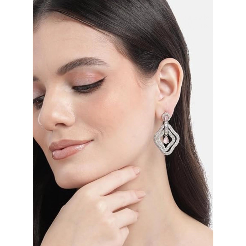 Amfyn Women's Brass Silver Plated Drop Earrings (Pink)