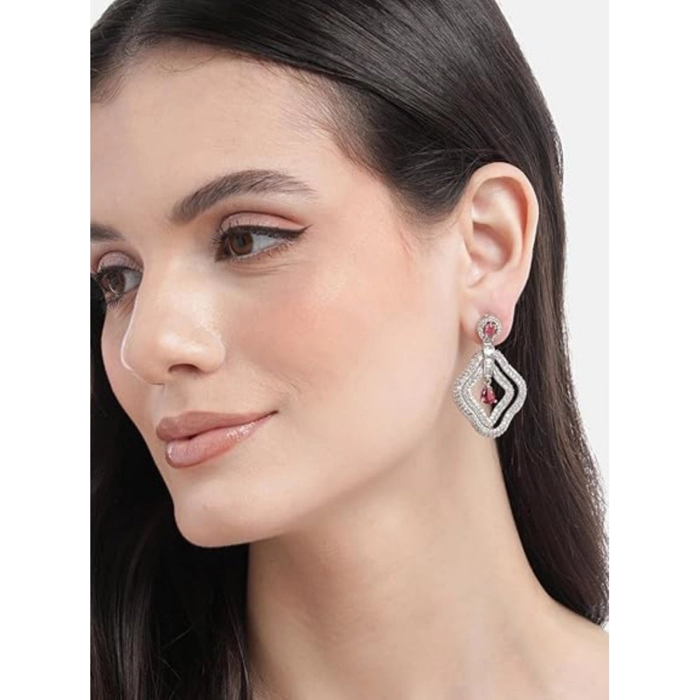 Amfyn Women's Brass Silver Plated Drop Earrings (Red)