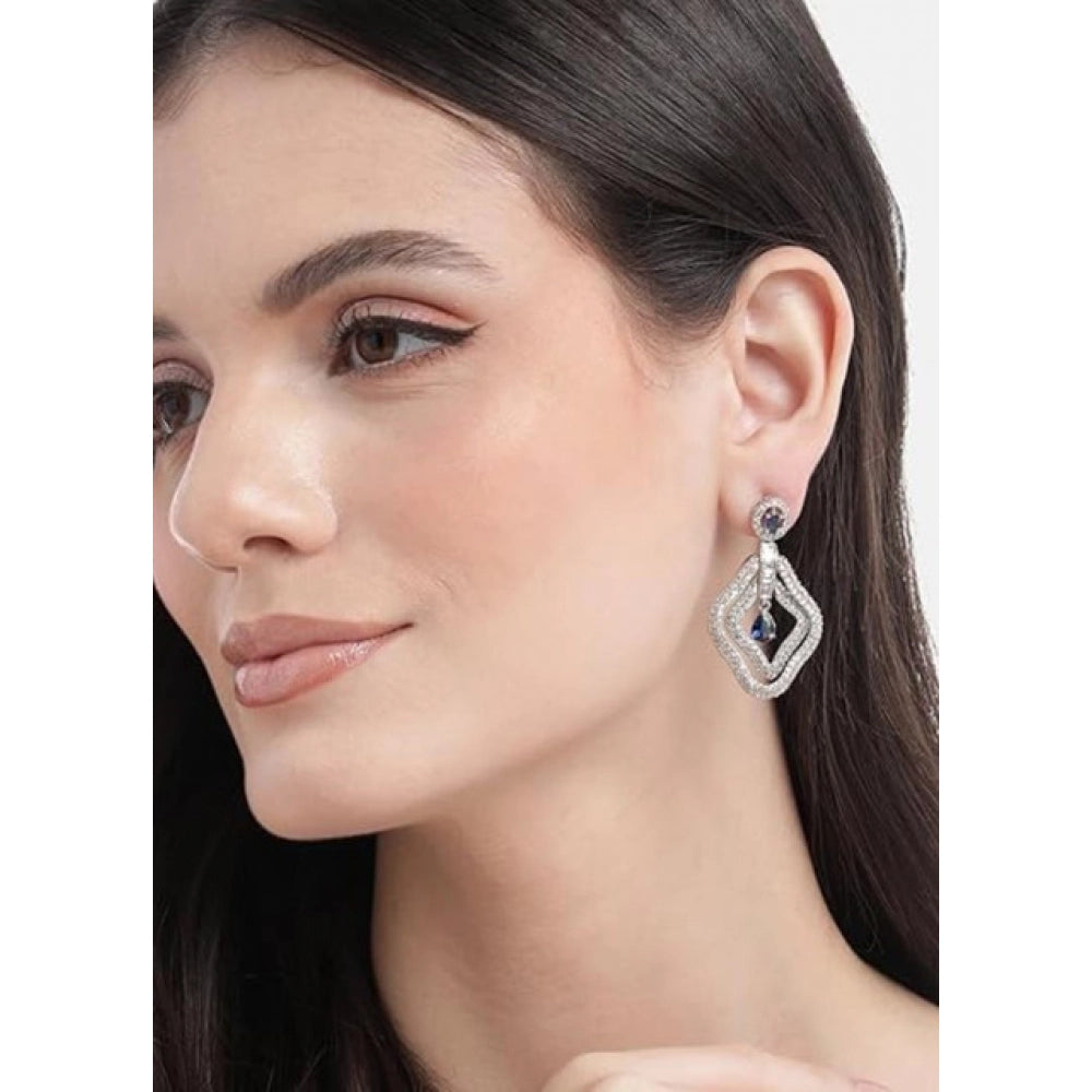 Amfyn Women's Brass Silver Plated Drop Earrings (Blue)