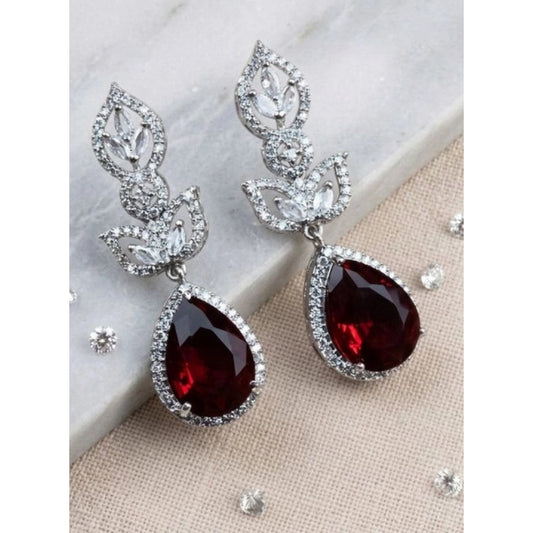 Amfyn Women's Brass Silver Plated Drop Earrings (Red)
