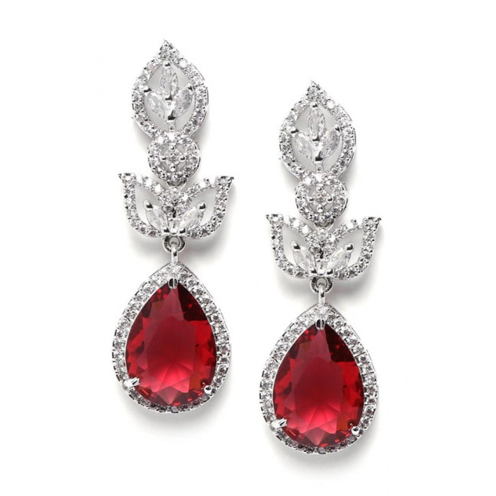 Amfyn Women's Brass Silver Plated Drop Earrings (Red)