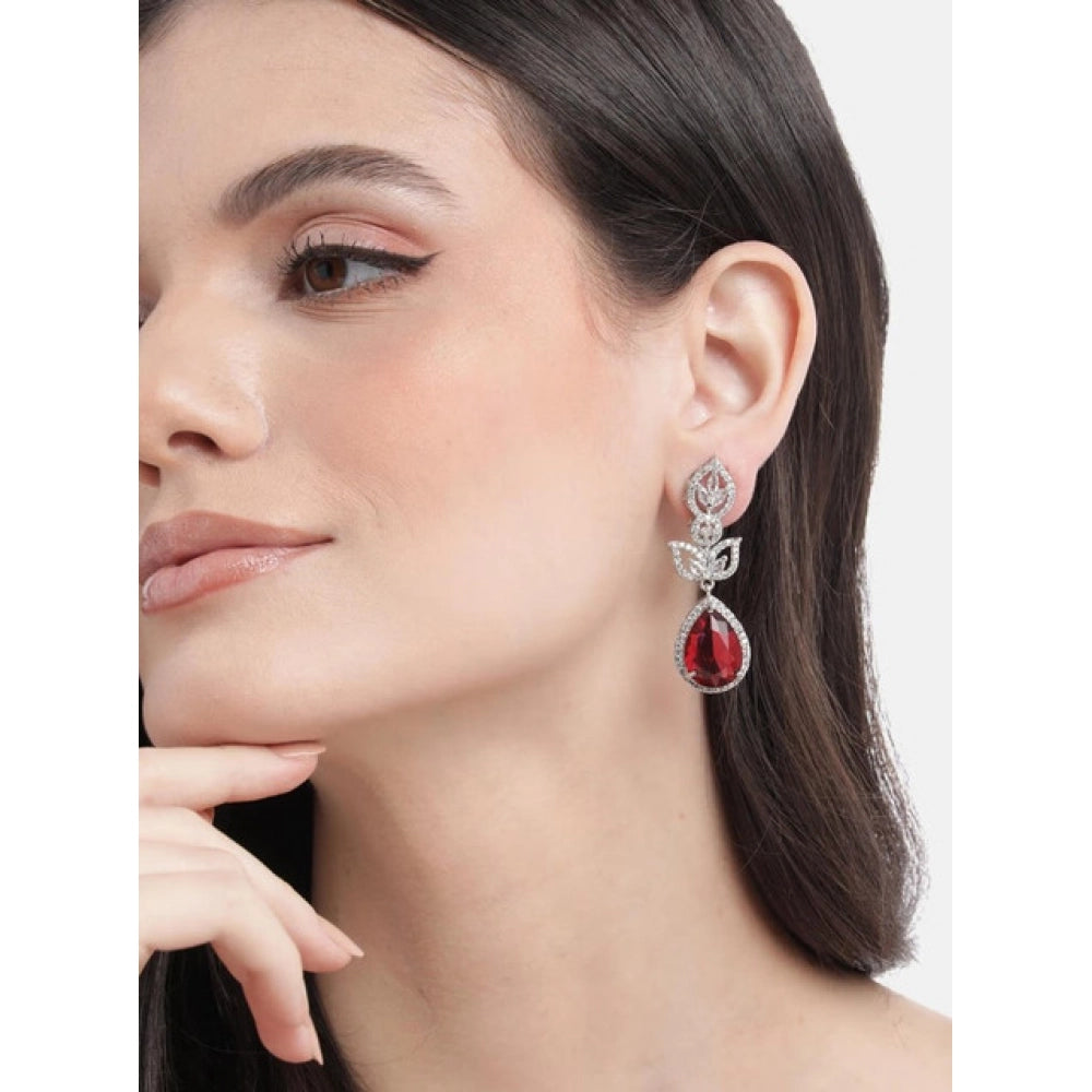 Amfyn Women's Brass Silver Plated Drop Earrings (Red)