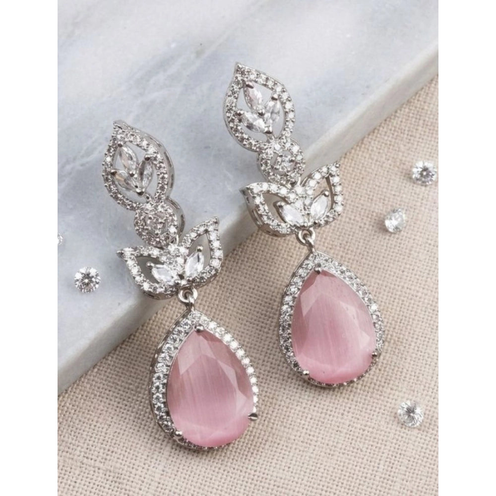 Amfyn Women's Brass Silver Plated Drop Earrings (Pink)