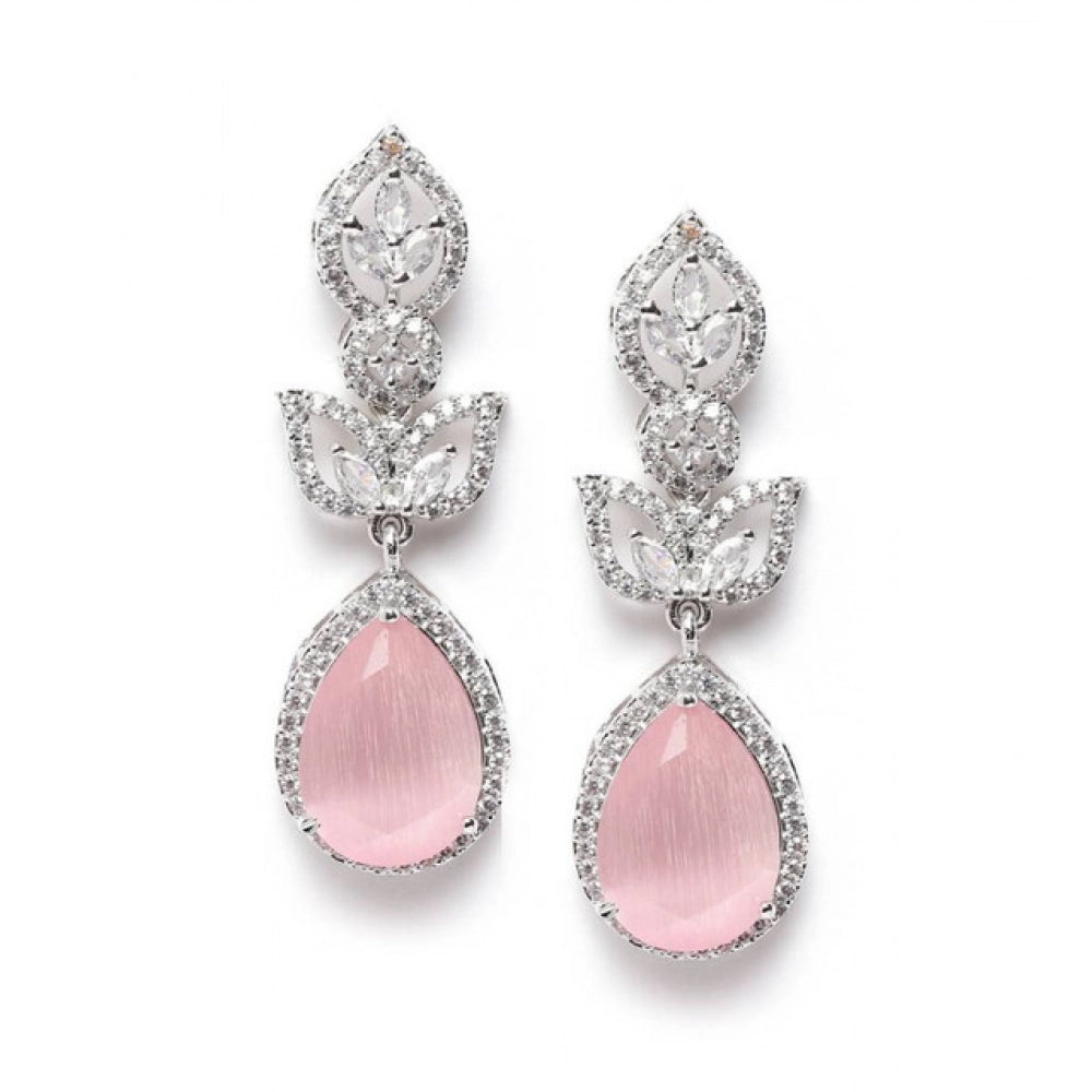 Amfyn Women's Brass Silver Plated Drop Earrings (Pink)