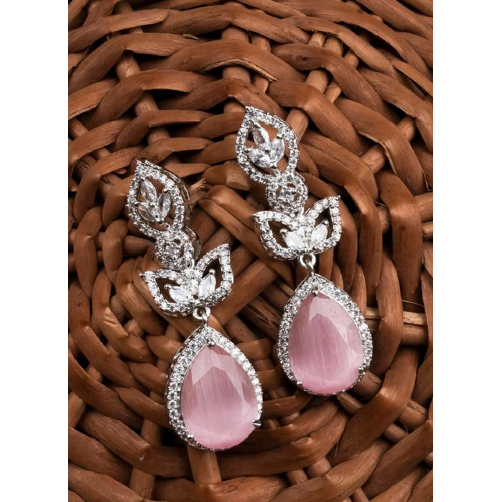 Amfyn Women's Brass Silver Plated Drop Earrings (Pink)