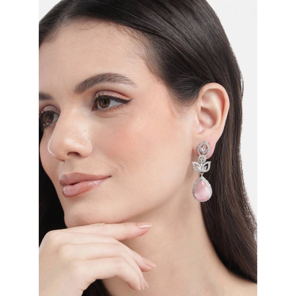Amfyn Women's Brass Silver Plated Drop Earrings (Pink)