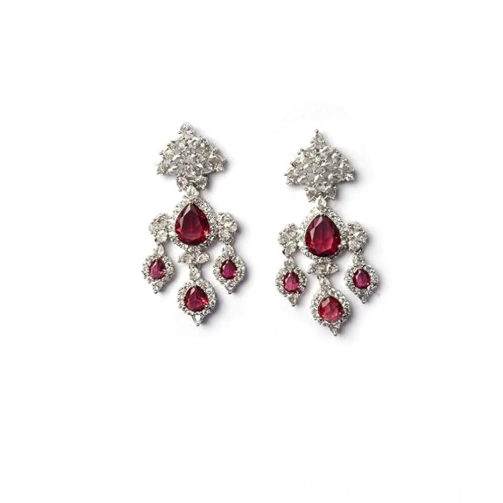 Amfyn Women's Brass Silver Plated Drop Earrings (Red)