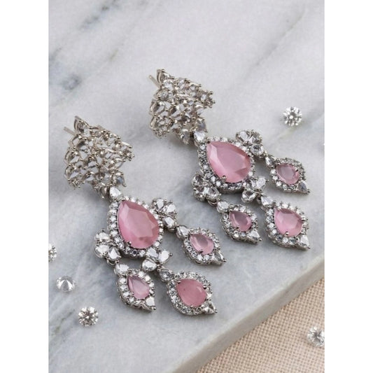 Amfyn Women's Brass Silver Plated Drop Earrings (Pink)