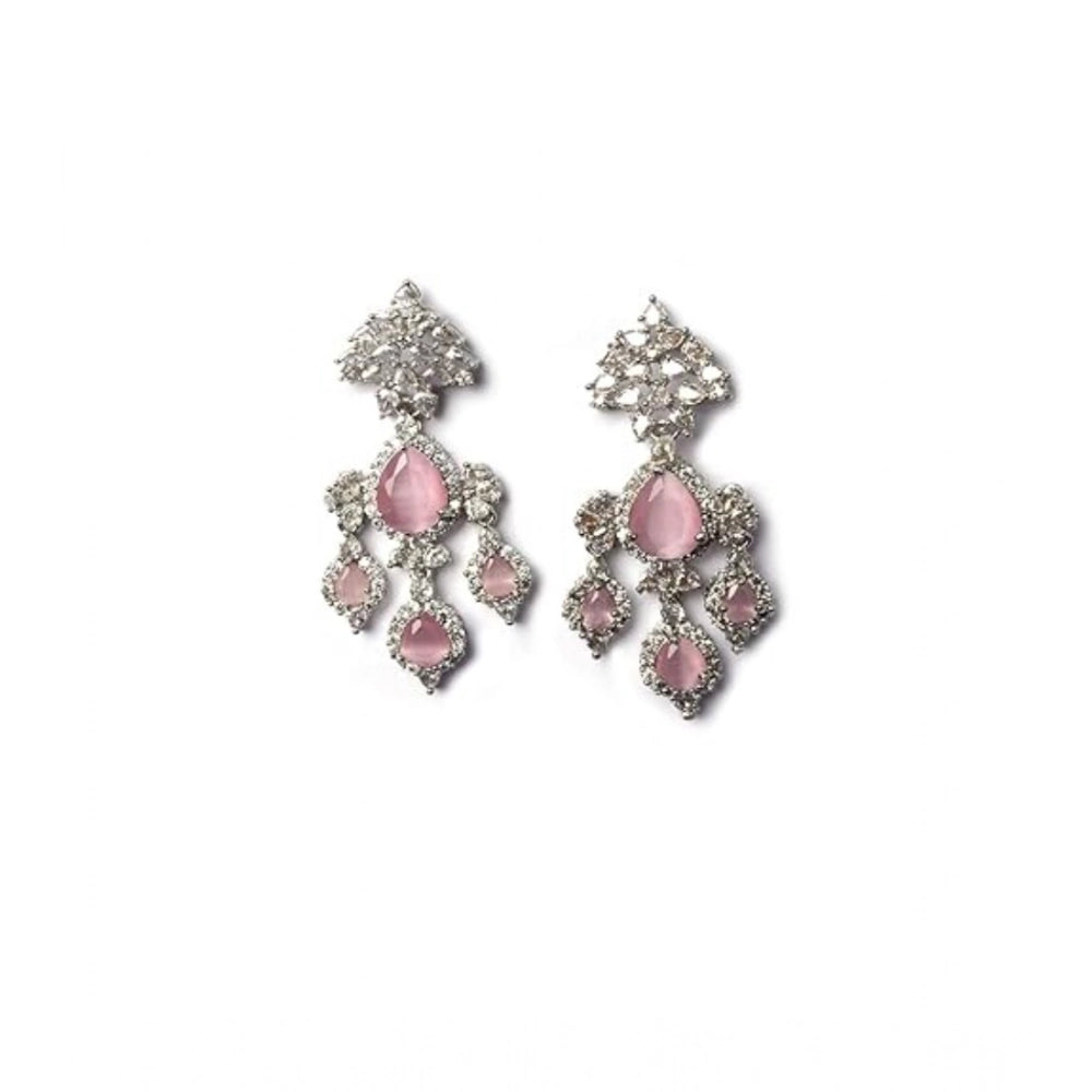 Amfyn Women's Brass Silver Plated Drop Earrings (Pink)