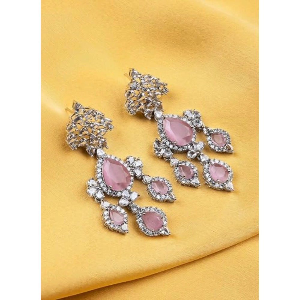 Amfyn Women's Brass Silver Plated Drop Earrings (Pink)