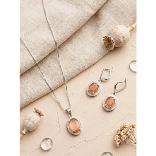 Amfyn Women's Brass Silver Plated Pendant Set (Orange)